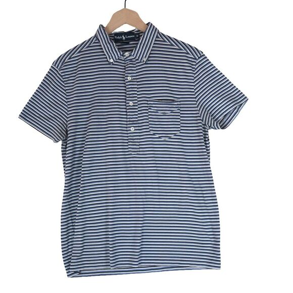 Ralph Lauren Polo Shirt Mens Medium Blue White Stripe Cotton Short Sleeve Button - Picture 2 of 7